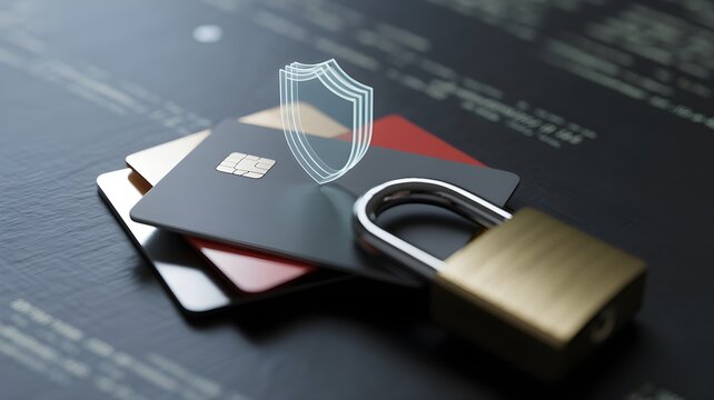 Credit card, padlock and shield on code representing ecommerce fraud prevention and payment security.