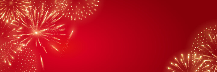 Fireworks on festive red background with golden sparkling bursts along the edges, decorative celebration design for Lunar New Year, Chinese New Year, Independence Day and party events.