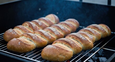 Crusty bread loaves grilling on a charcoal grill, smoke rising