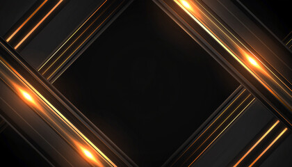 Luxury Black Abstract Background with Glowing Gold Lines and Elegant Geometric Frame.