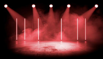 Red stage lights illuminate smoke filled empty room with vertical bars Keywords: stage, lights