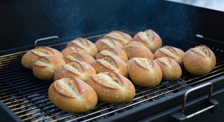 Golden rolls grilling, aromatic steam rising from charcoal