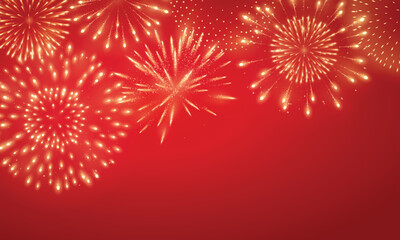 Fireworks with golden sparkling bursts on red festive background, decorative celebration illustration for Lunar New Year, Chinese New Year, Independence Day, Victory Day and party use.