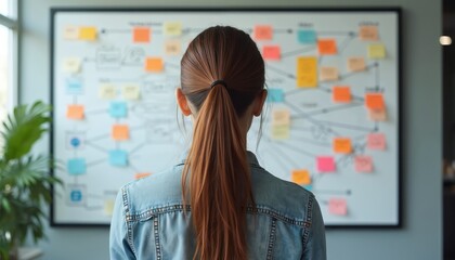 Woman looks at whiteboard with many sticky notes. She plans strategy on colorful papers. She uses systems thinking for project management. She analyzes complex data. Her workflow is organized.
