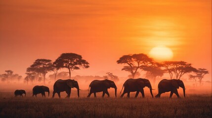 African elephant herd walking across savanna during dramatic sunset symbolizing wildlife conservation family unity strength and natural safari landscape on white background
