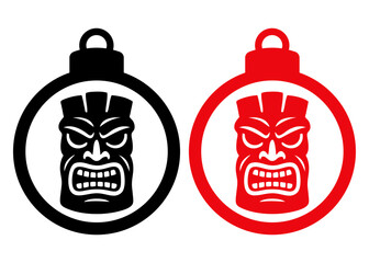 Navidad en Haw&aacute;i. Logo con silueta de bola de navidad con m&aacute;scara tiki para tarjetas y felicitaciones