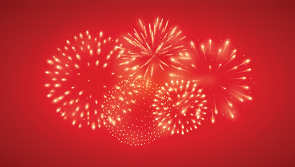 Fireworks on red background with bright golden sparkles, festive luxury backdrop for Lunar New Year, Chinese New Year, Independence Day, Victory Day and congratulations events.