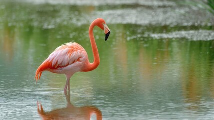 Elegant pink flamingo standing gracefully in calm water reflecting tropical wildlife beauty serenity nature conservation and exotic bird habitat on white background