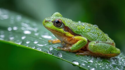 Green tree frog resting on wet leaf with water droplets showcasing wildlife macro photography tropical nature and amphibian beauty on white background