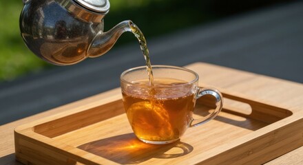 Tea being poured into a clear mug on a wooden tray, sunny outdoors