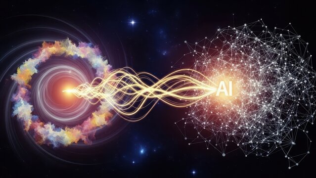 Abstract artificial intelligence concept, with data streams and neural networks connectivity - Powered by Adobe