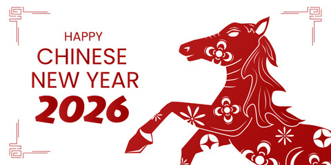 Happy Chinese new year 2026 , modern design set in red, gold and white colors , Year of the horse zodiac , Asia oriental traditional ornament, frame and border ,