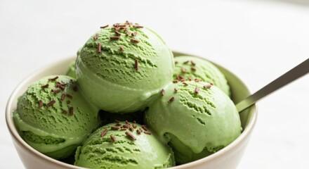 Close-up of scoops of green ice cream in a bowl with sprinkles