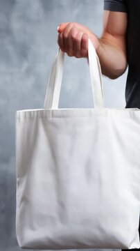 This image features a hand gripping a blank white cotton tote bag, emphasizing zero waste and eco conscious living. The simple design suits promotional, branding, or lifestyle concepts