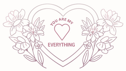 Monochromatic line art of a heart entwined with flowers and love message on white background for romantic designs, ideal