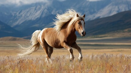 Majestic wild horse running freely across open grassland with mountains symbolizing strength freedom motion and natural beauty powerful untamed on white background