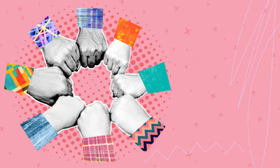 A compositional halftone collage in a pop art style depicting hands uniting friends, family, and colleagues into a single whole. Concept for business and team development.