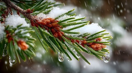 Snow-covered pine needles glisten with melting water droplets in a wintry scene.