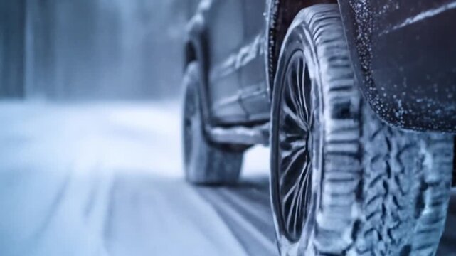 Close-up of a snow-covered dark vehicle's rear wheel on a blurry winter road