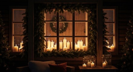 Window displays candles amidst garland and snowy exterior glow