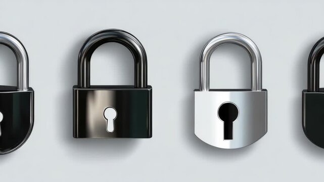 A collection of various padlocks in a row, each with unique locking mechanisms and designs. Representing security diversity and options.