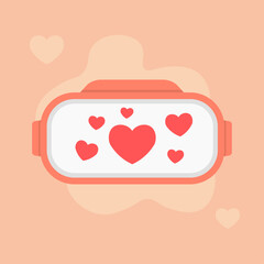 Valentine vr headset illustration. Flat virtual reality device form. Floating heart shapes inside display area. Soft abstract background elements. Warm playful romantic mood.