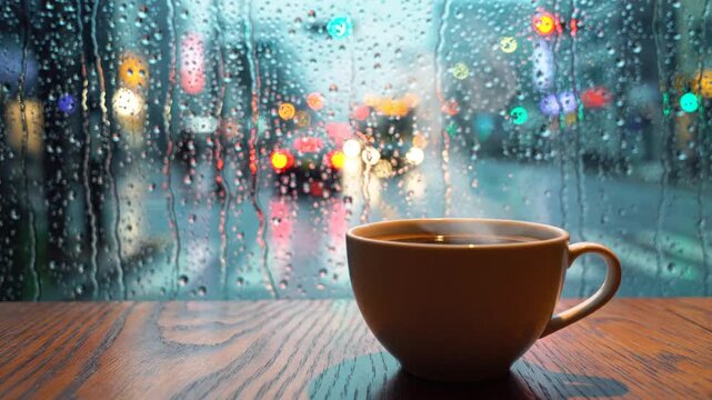 A warm coffee cup rests on a wooden table, rainstreaked window behind with soft blurred city lights