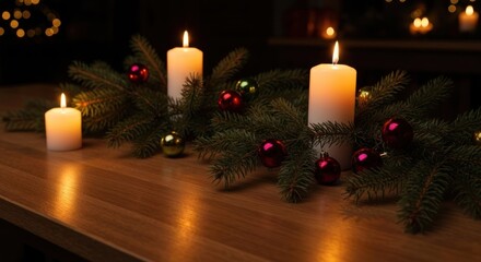 Lit candles, evergreen garland, and ornaments on a wooden table