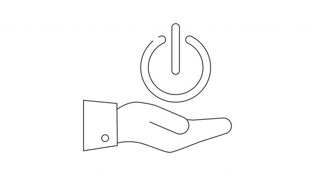 A line drawing of a hand with a cuff holding a power button symbol above it