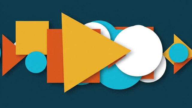Abstract composition of overlapping orange, yellow triangles and blue circles on dark teal backdrop
