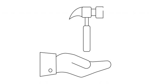 A line art drawing of a hammer floating above an open hand in a suit
