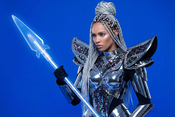 A futuristic woman with silver braids in metallic armor holds a glowing blue spear. A powerful, fierce sci-fi or fantasy warrior character.