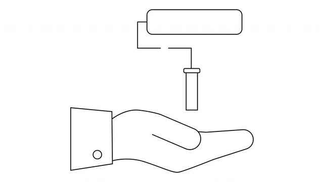 A hand proffering a suspended paint roller rendered in a minimalist line art style