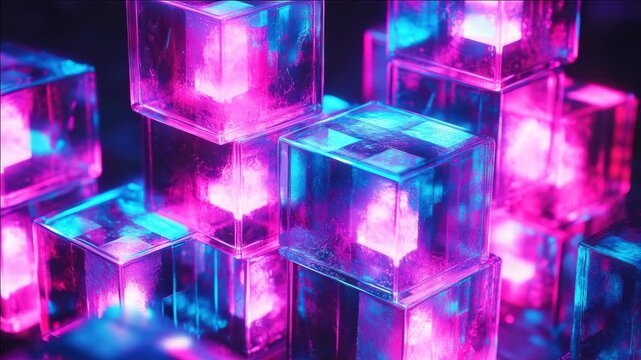 A group of multicolored cubes creating an illuminated pattern against a dark background.