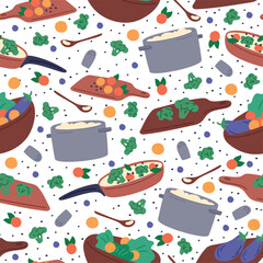 Naklejka premium Kitchenware pot. Food preparation seamless pattern. Wooden cutting board with vegetables and spices. Chopped eggplant. Pan for cooking soup. Fry broccoli and tomato. Vector background