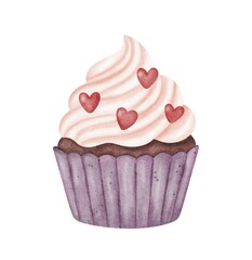 Romantic Watercolor Cupcake with Heart Cream for Valentine’s Day and Love Designs