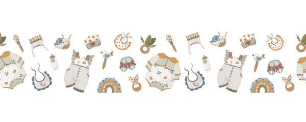 Baby and nature border set, hand-drawn vector horizontal seamless dividers with mountains, clothes, numbers, and strollers in neutral boho style for kids&rsquo; design and textile.