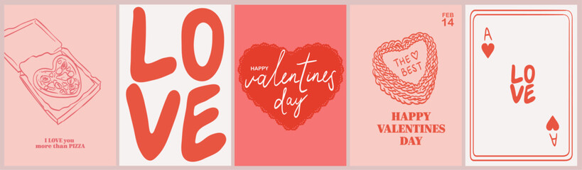 Happy Valentines or Galentines Day invitation cards in trendy whimsical hand drawn style with heart cake, love lettering and heart shape pizza. Template for ads, branding, banner, cover, label, poster