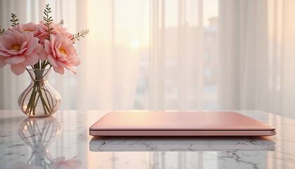 Closed rose-gold laptop resting on smooth workspace table with soft pastel tones