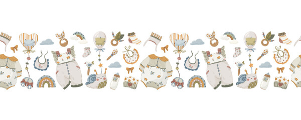Baby and nature border set, hand-drawn vector horizontal seamless dividers with mountains, clothes, numbers, and strollers in neutral boho style for kids&rsquo; design and textile.