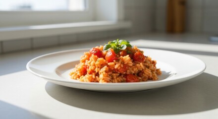 Plate of tomato risotto with basil garnish on a bright countertop