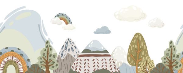 Mountain landscape seamless border, hand-drawn vector horizontal divider with trees, hills, and rainbows in neutral, muted colors for nursery wallpaper and banners.