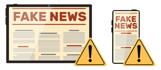 Fake news on tablet and phone screens. Misinformation propaganda. Web reportage fiction. False computer newsletter. Press falsification. Vector concept of disinformation on social media