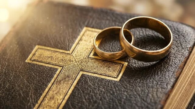 Gold Wedding Rings on Holy Bible with Cross Symbolizing Christian Marriage Vows