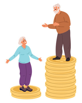 Elderly people standing on different stacks of coins. Representing different pension savings. Grandparents fund. Pensioners money accumulation unequal. Retirement wealth. Vector concept