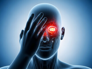 Conceptual visual of a human head experiencing severe eye and cranial pain, symbolizing migraine, illness, or stress discomfort