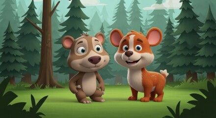 Animated forest friends in the wilderness, charming illustration for children's book