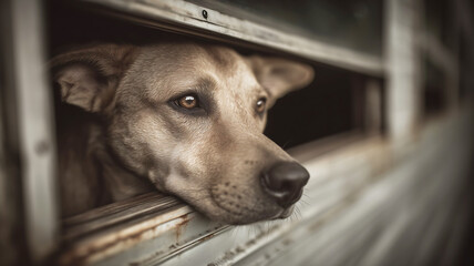 Sad dog looking out of old camper van window with thoughtful expression