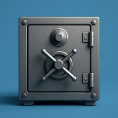 Secure steel safe with combination lock on a serene blue background backdrop