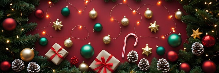 Colorful holiday ornaments and gifts with candy canes and pinecones on a festive red background